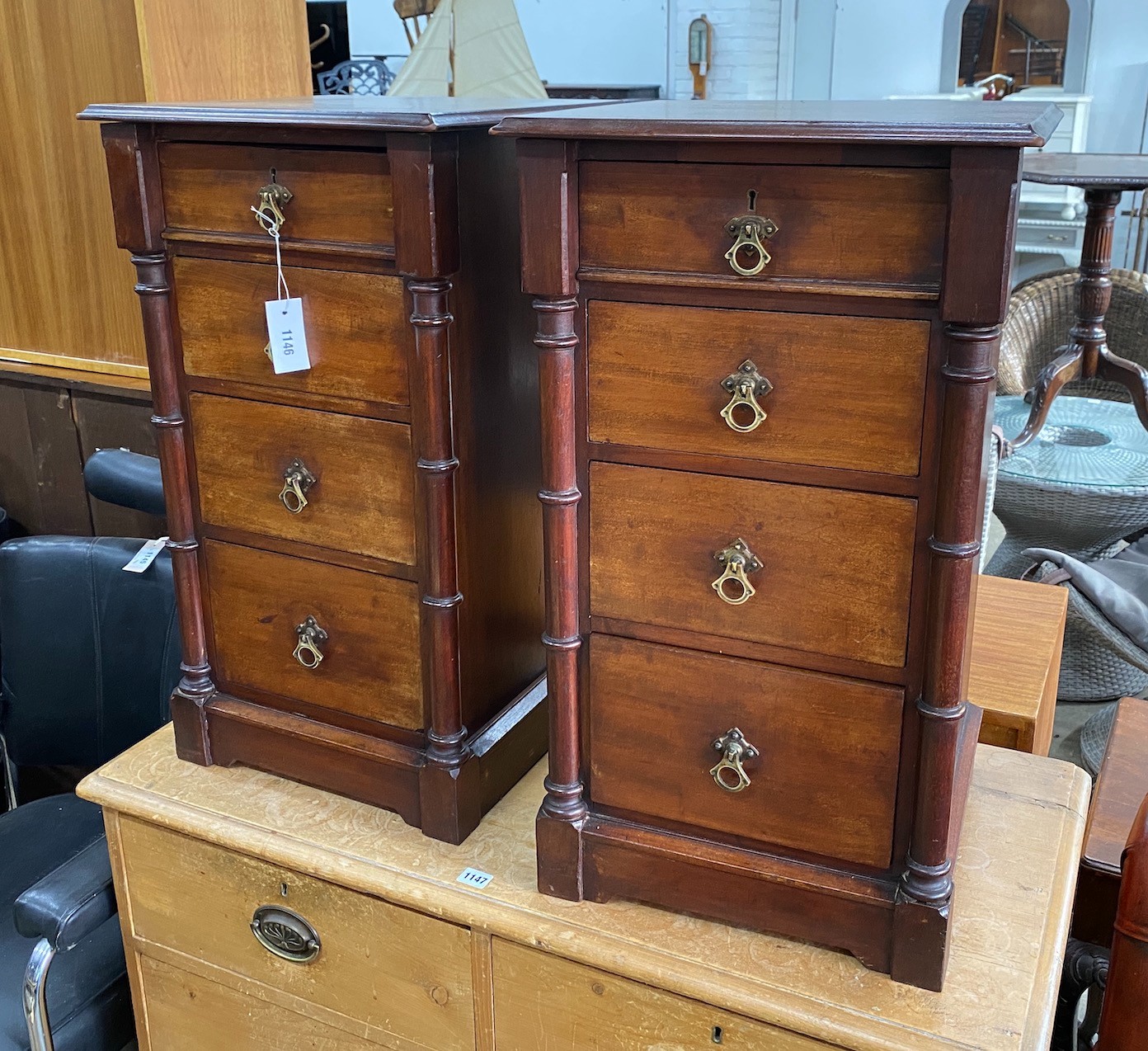 A pair of Victorian and later mahogany four drawer bedside chests, (altered) width 42cm, depth 40cm, height 74cm